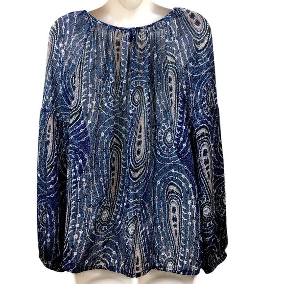 Lucky Brand Blue Pink Paisley Long Sleeve Popover Top Elastic Waist Tassel Ties - Picture 13 of 16